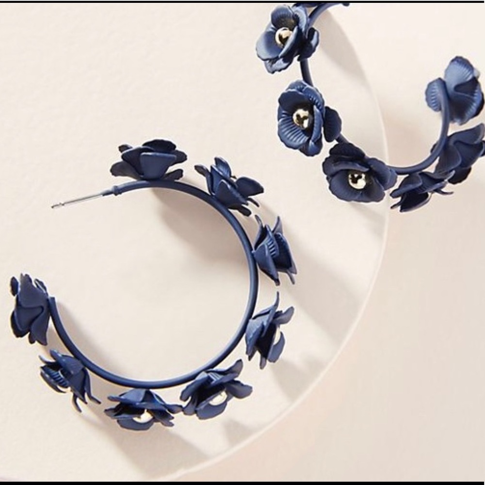 Anthropologie Navy Blue Floral Hoops NWT
